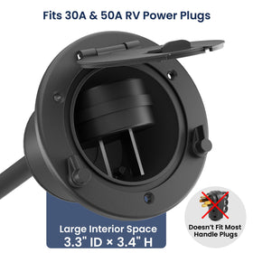 Safoner open hatch storing a 50A plug neatly inside for secure storage