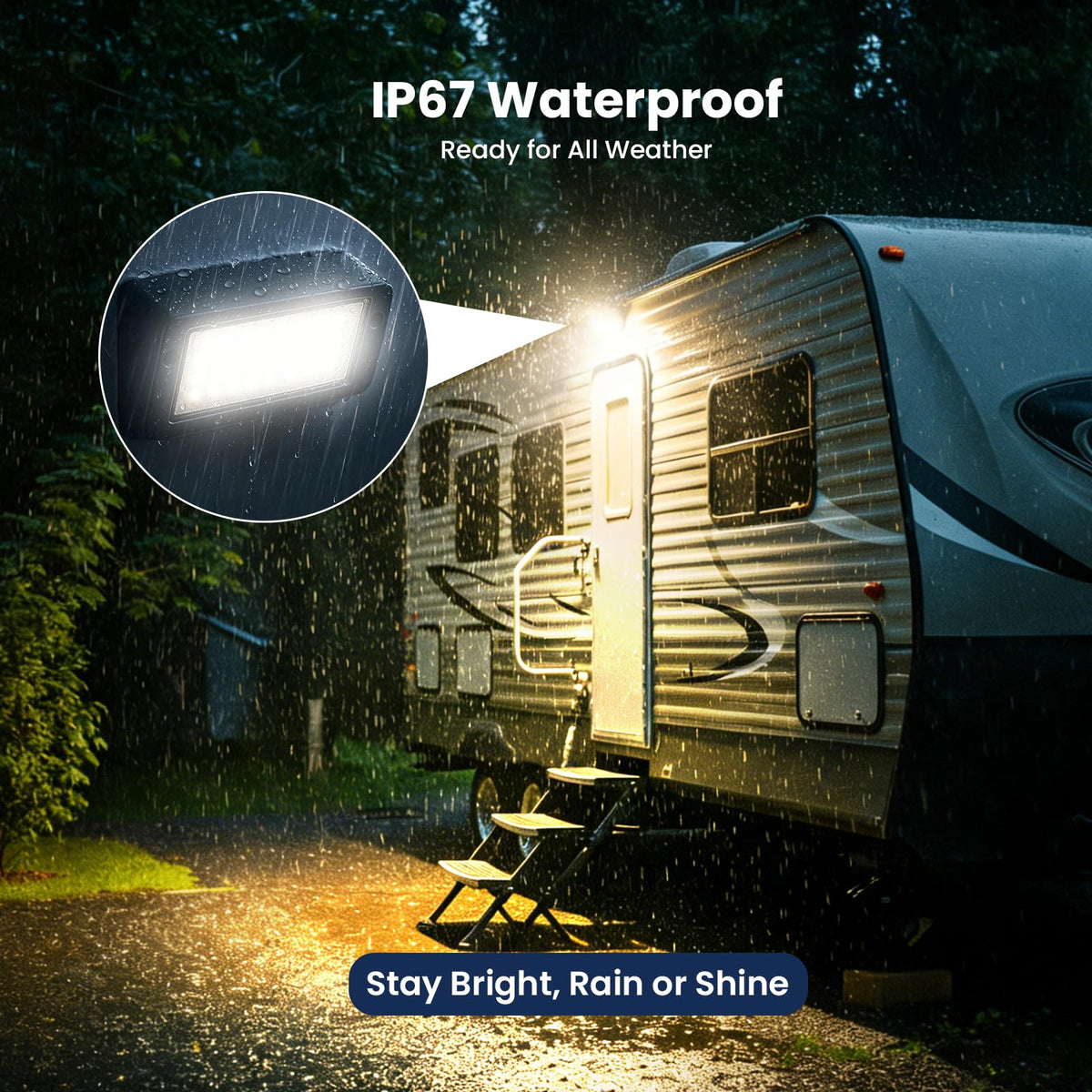 Safoner porch light lit in cool white on an RV entry for clear visibility