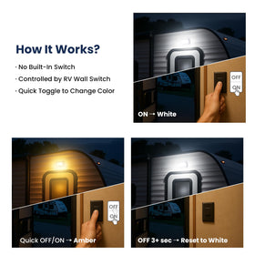 Safoner porch light lit in warm amber creating soft ambient campsite lighting