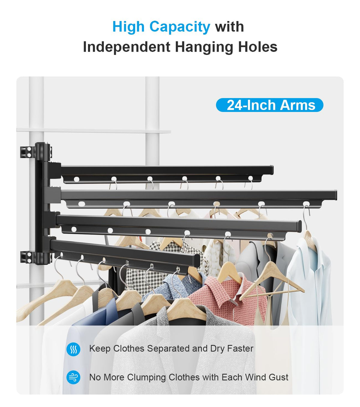 Safoner rack fully deployed with towels drying, showing practical airflow benefits
