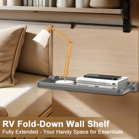 Safoner shelf folded flat against wall to save space when not used