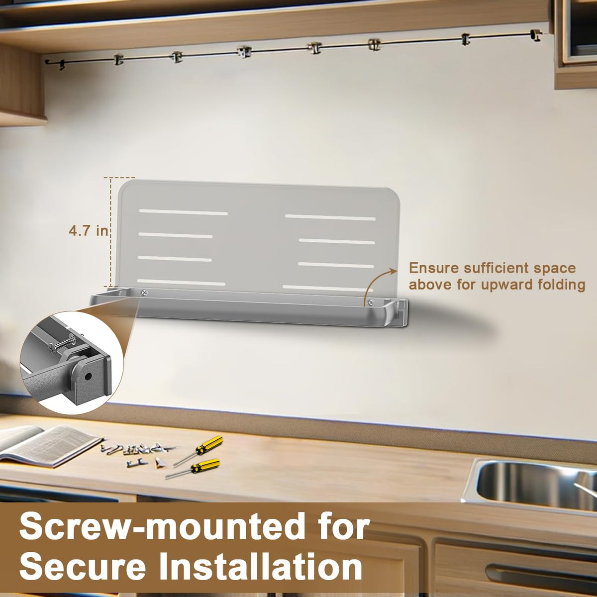 Safoner shelf installed in RV galley providing organized counter extension