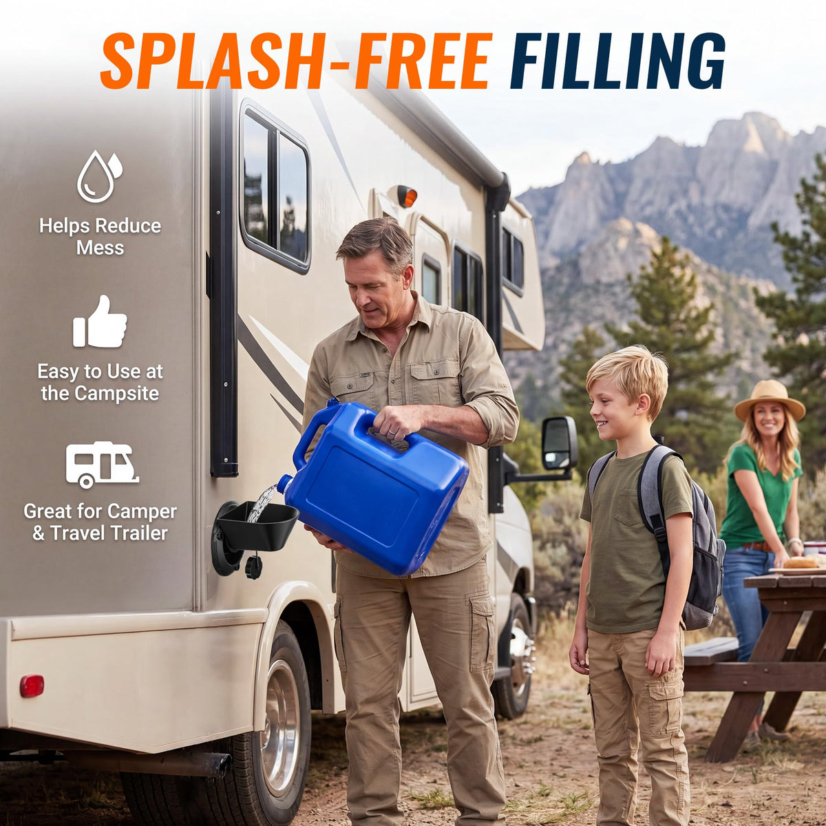 Saillong installed on RV inlet showing hands-free filling advantage