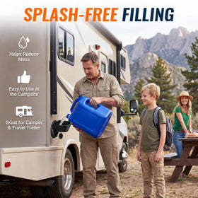 Saillong installed on RV inlet showing hands-free filling advantage