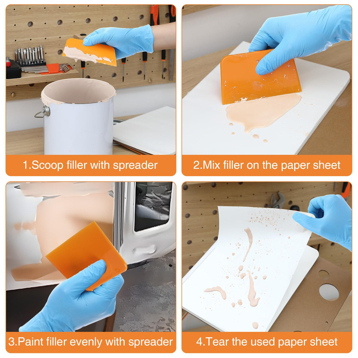 saillong scraper smoothing filler on a car panel illustrating even finish benefit