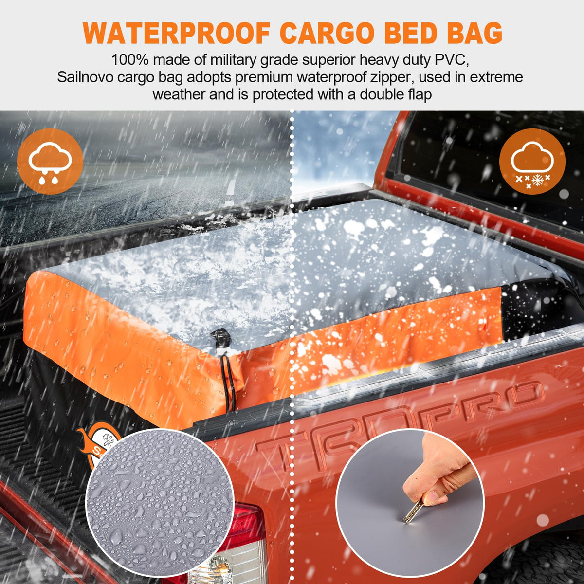 Sailnovo close-up of waterproof zipper and Velcro flap for security