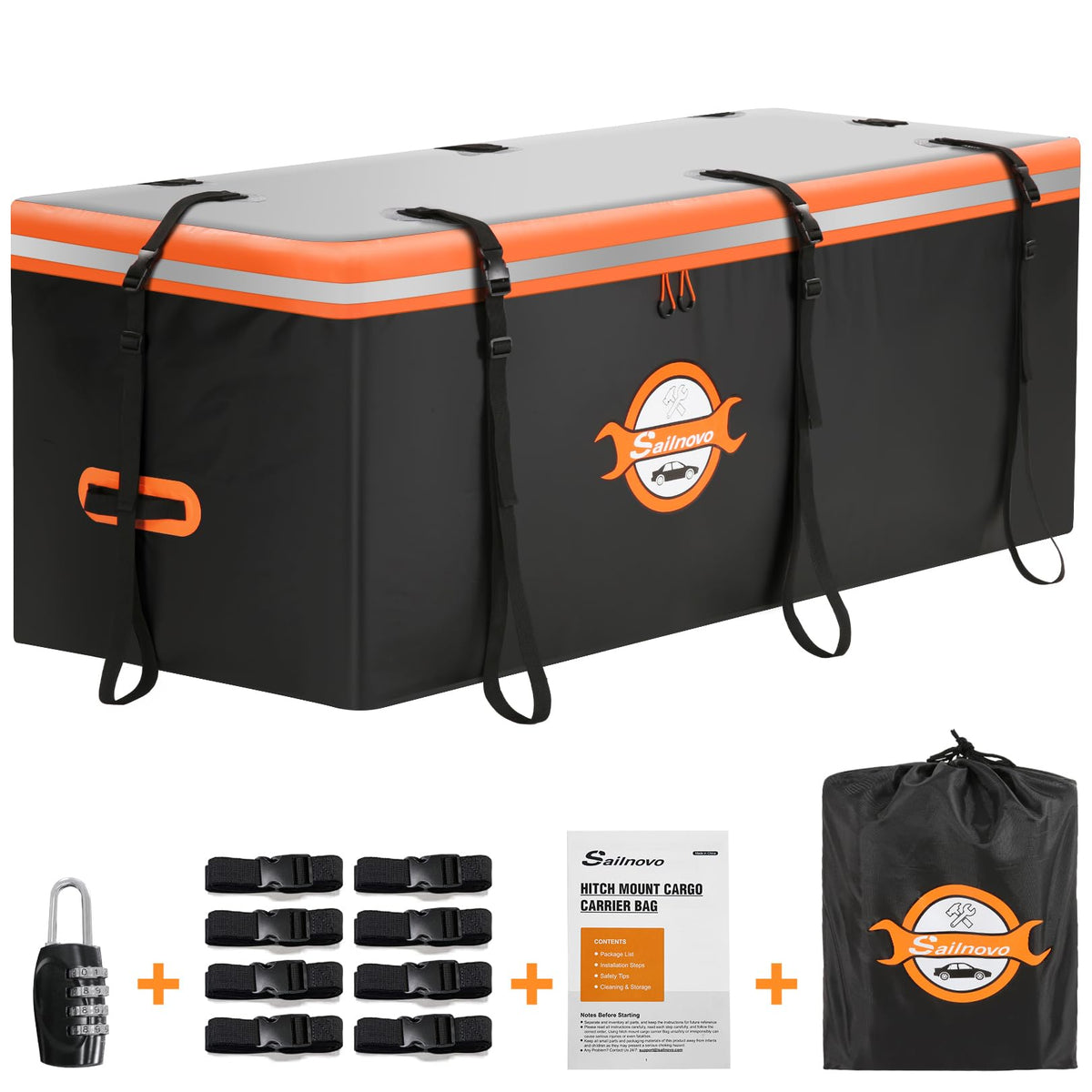 Sailnovo front view on hitch rack showing secure fit and roomy capacity