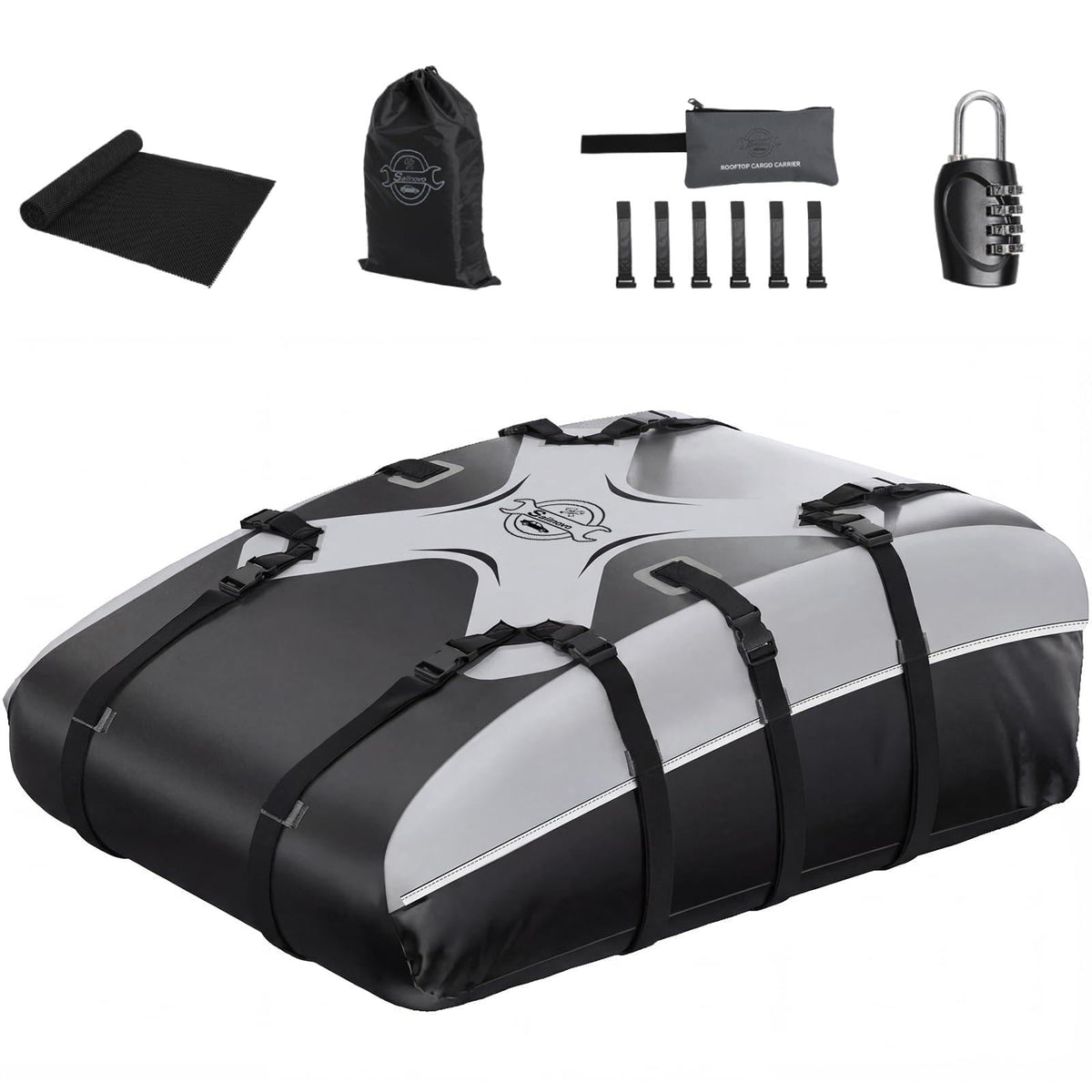 Sailnovo front view of rooftop cargo bag showing aerodynamic shape and logo for space saving
