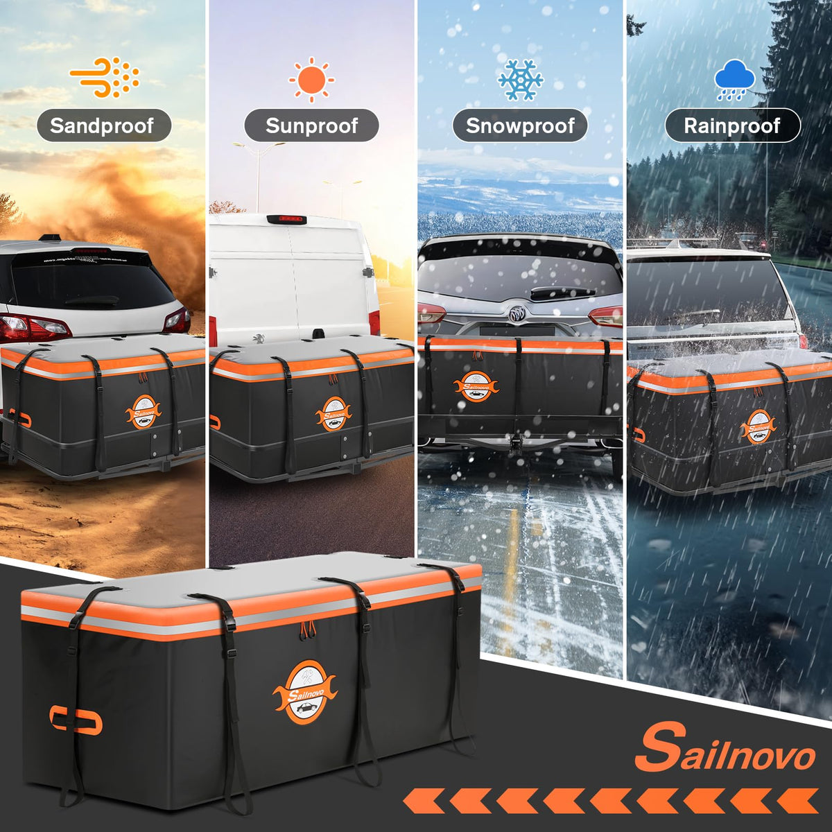 Sailnovo mounted on hitch rack fully loaded for extra cargo capacity