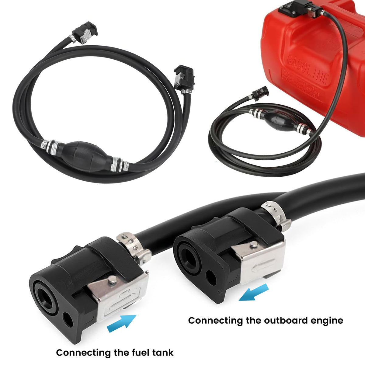 Saipe hose connected to outboard engine illustrating secure, leak-resistant attachment
