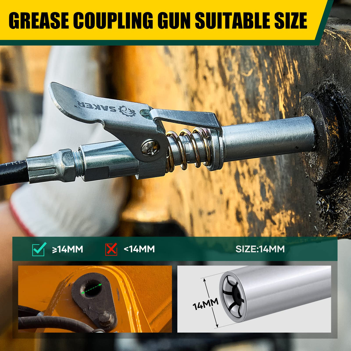 Saker in use with one hand operation for faster, safer greasing