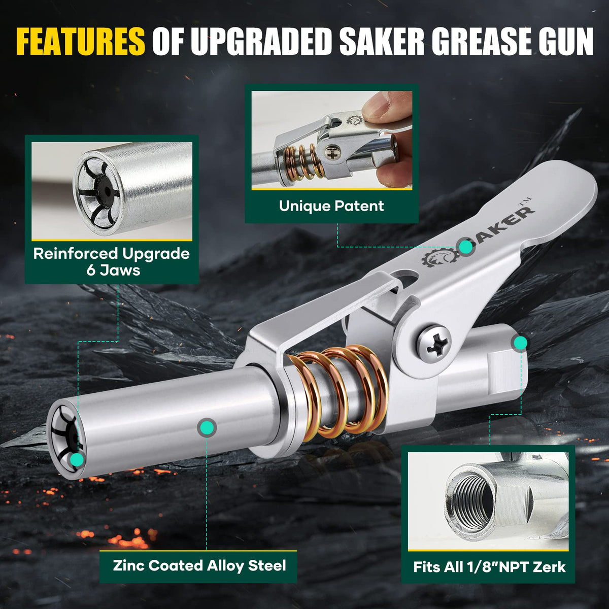 Saker close-up of reinforced jaws and gasket improving leak prevention