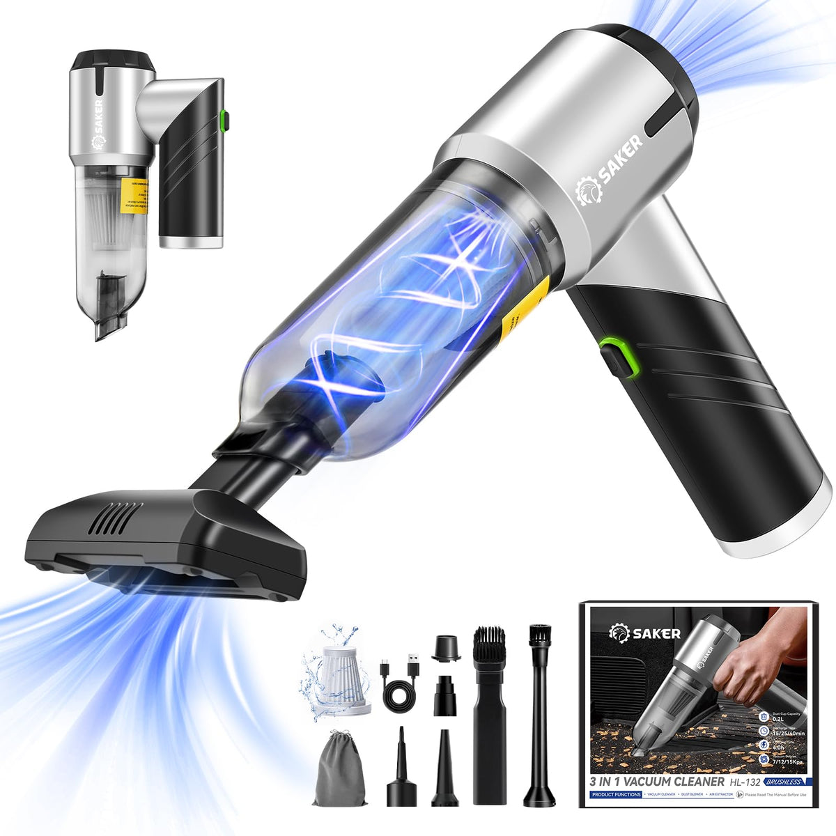 Saker HL132 front view showing compact cordless design and quick-grip benefits