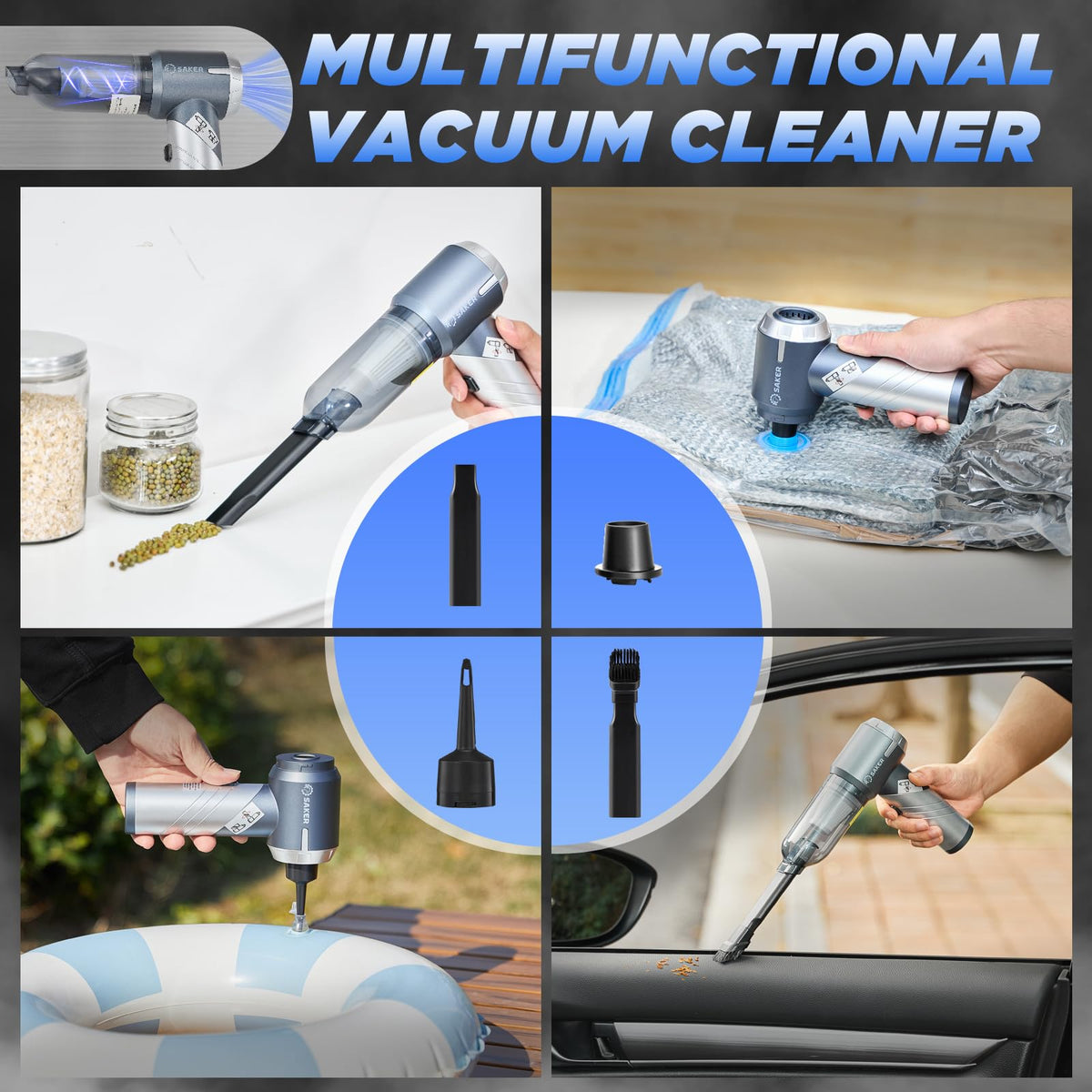 Saker HL132 cleaning a car seat, showing effective pet hair and crumb removal