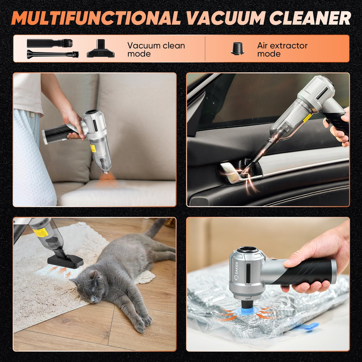 Saker HL133 cleaning car seat, showing powerful suction and quick spot cleanup