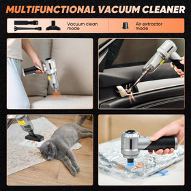 Saker HL133 cleaning car seat, showing powerful suction and quick spot cleanup