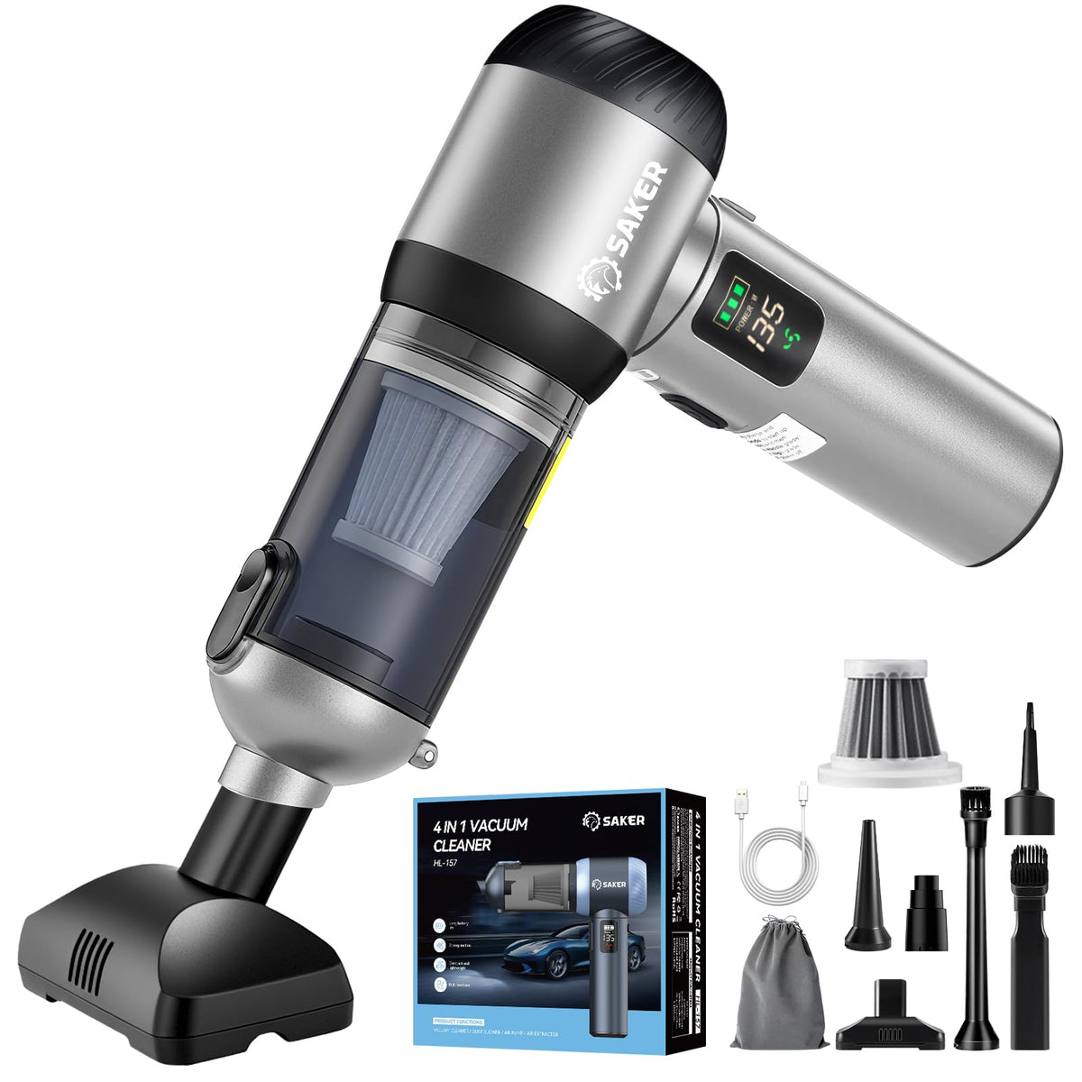 Saker HL157 front view showing compact silver body and handheld convenience