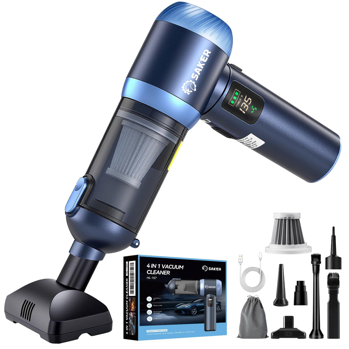 Saker HL157 front view showing compact cordless design and nozzle benefit