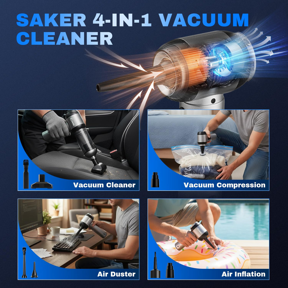 Saker HL157 nozzles and accessories laid out for versatile cleaning and inflation