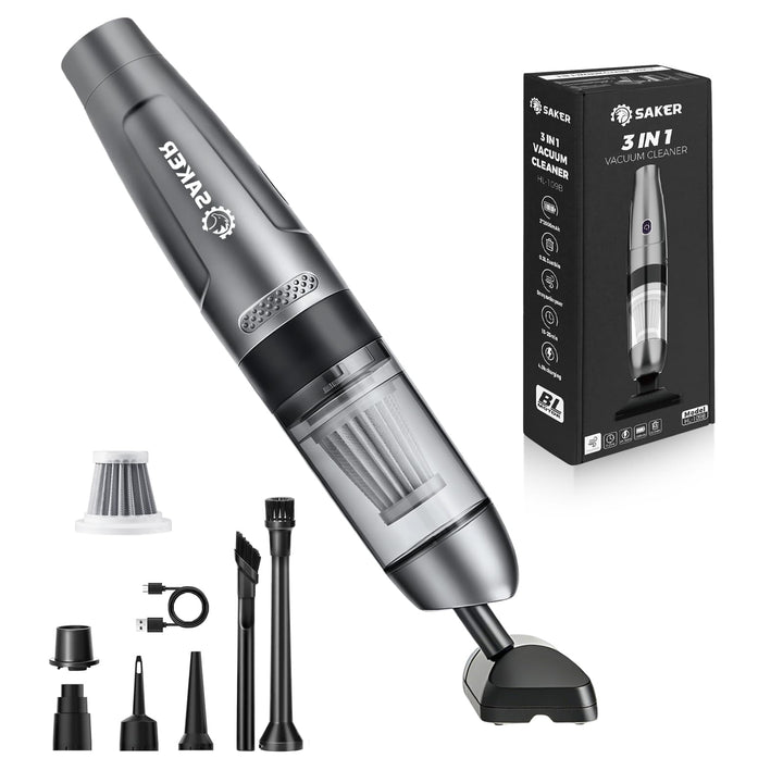 Saker front view showing compact handheld vacuum and clean design benefit