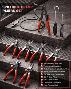 Saker assorted pliers arranged displaying different jaw shapes and lengths