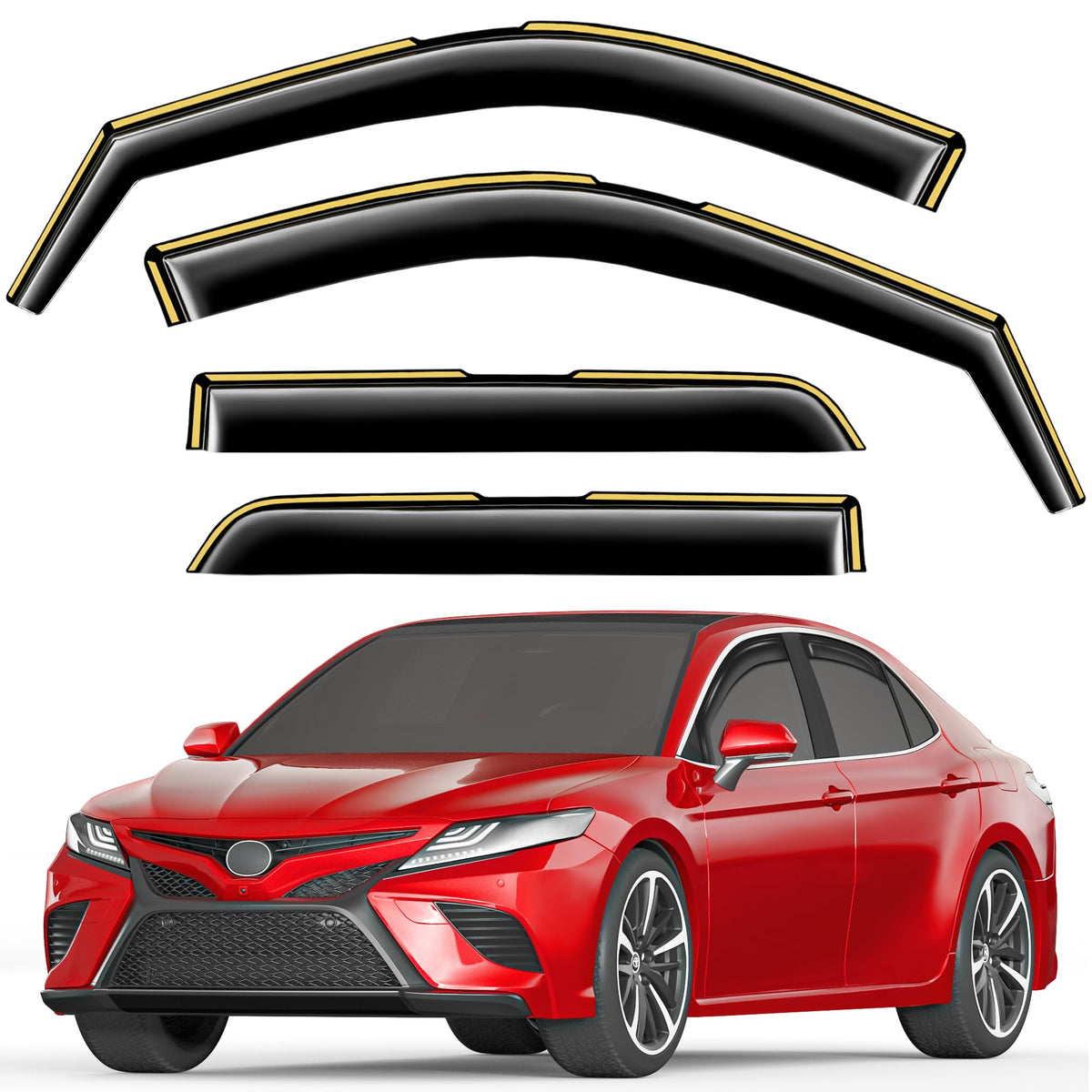 saleago front packaging showing complete Camry rain guards set and accessories, clear branding benefit