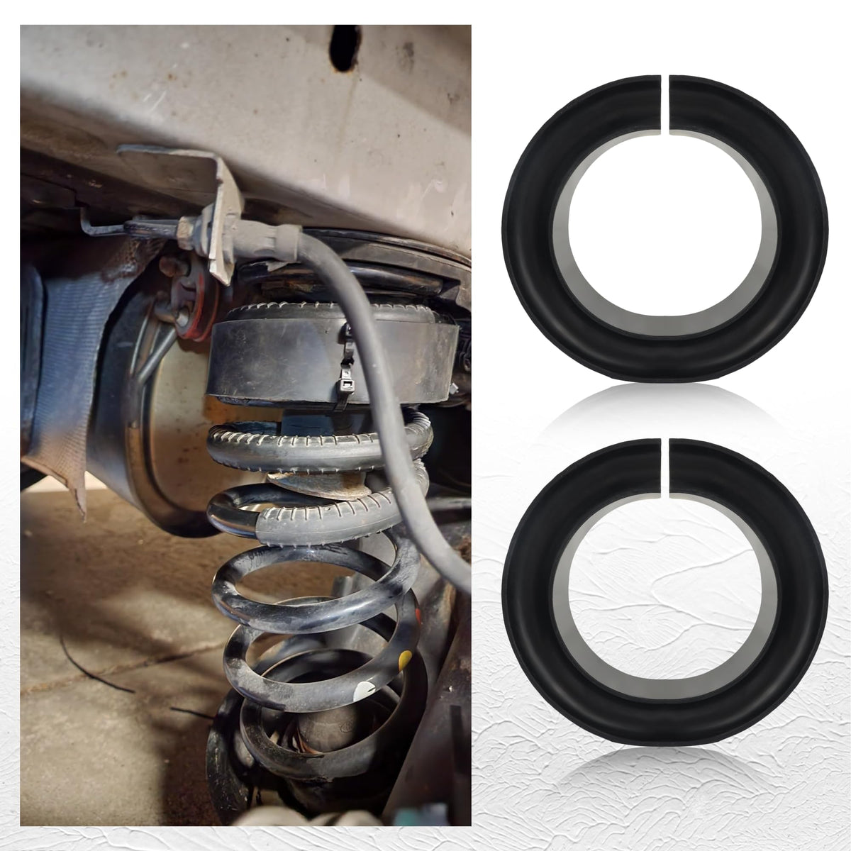 Salior front view of two coil spring spacers showing product and fit benefits