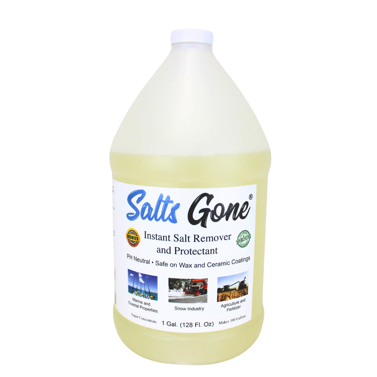 Salts Gone front bottle showing full gallon and ready-to-use convenience