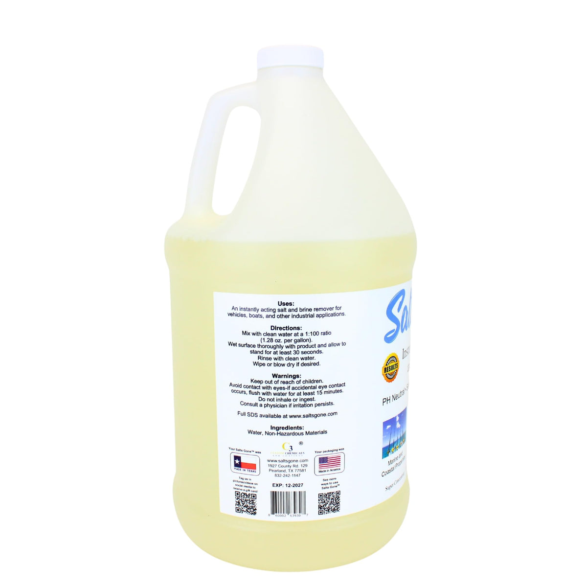 Salts Gone label closeup highlighting biodegradable, pH-neutral benefits