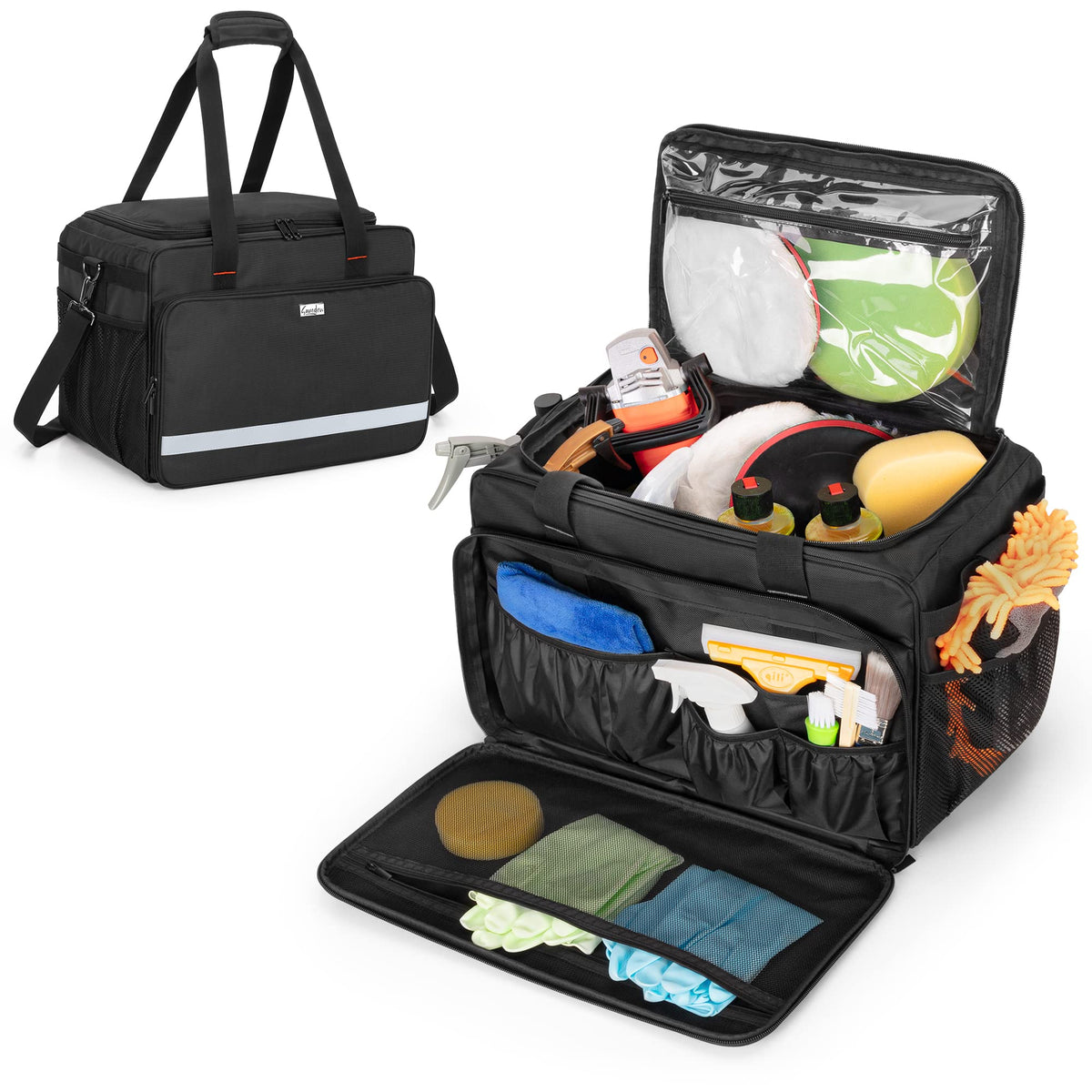 samdew front view of large detailing bag showing capacity and organization benefit