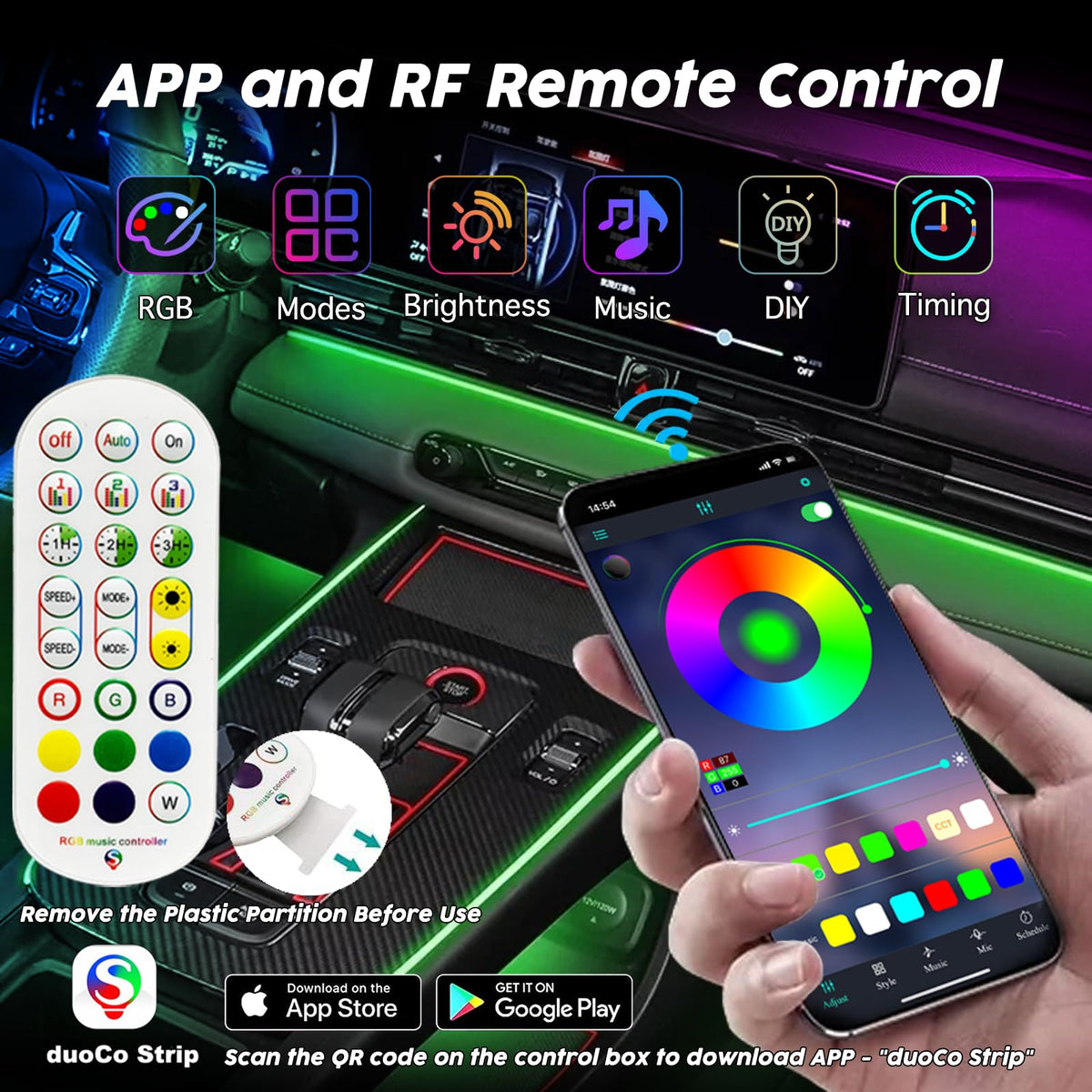 SAMGCHI RF remote and app on dashboard enabling easy color and mode control