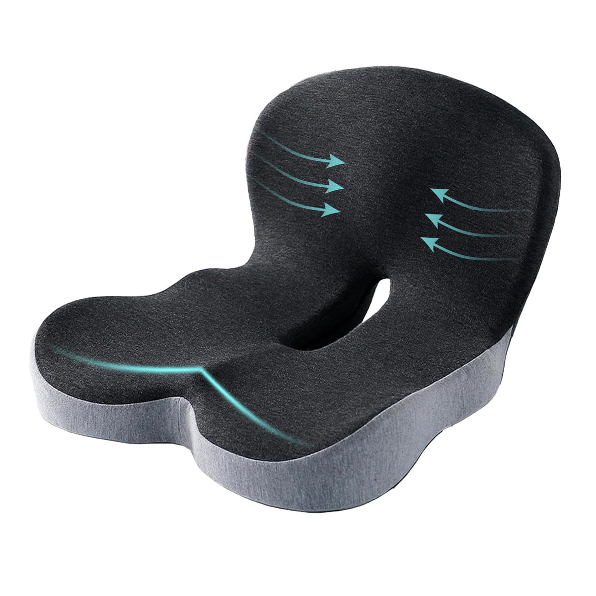SAMLOO front view of dark grey cushion showing ergonomic shape and comfort