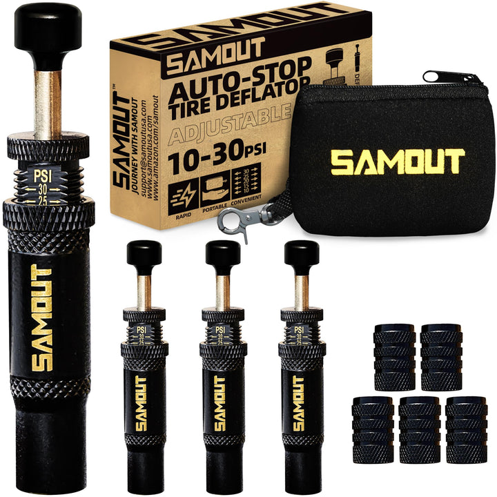 SAMOUT front view of four screw-on deflators showing compact kit benefit