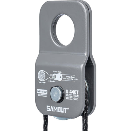 SAMOUT snatch block front view showing durable housing and pulley for reliable recoveries