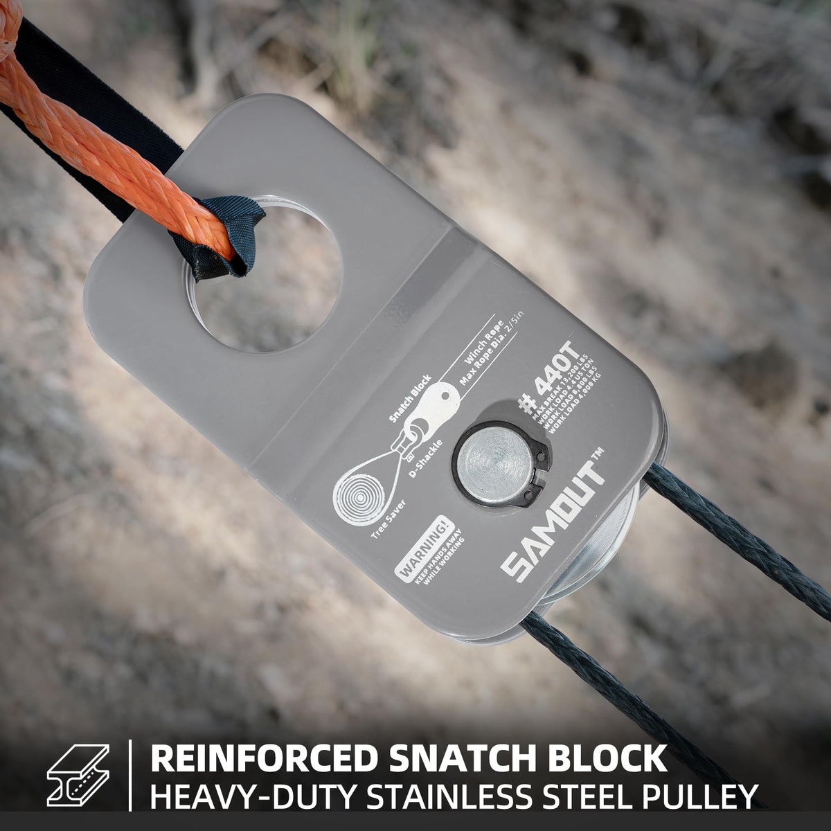 SAMOUT snatch block in use during vehicle recovery showing doubled pulling power benefit