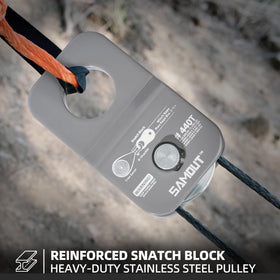 SAMOUT snatch block in use during vehicle recovery showing doubled pulling power benefit