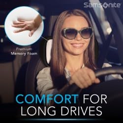 Samsonite pillow installed on a car headrest providing stable neck support