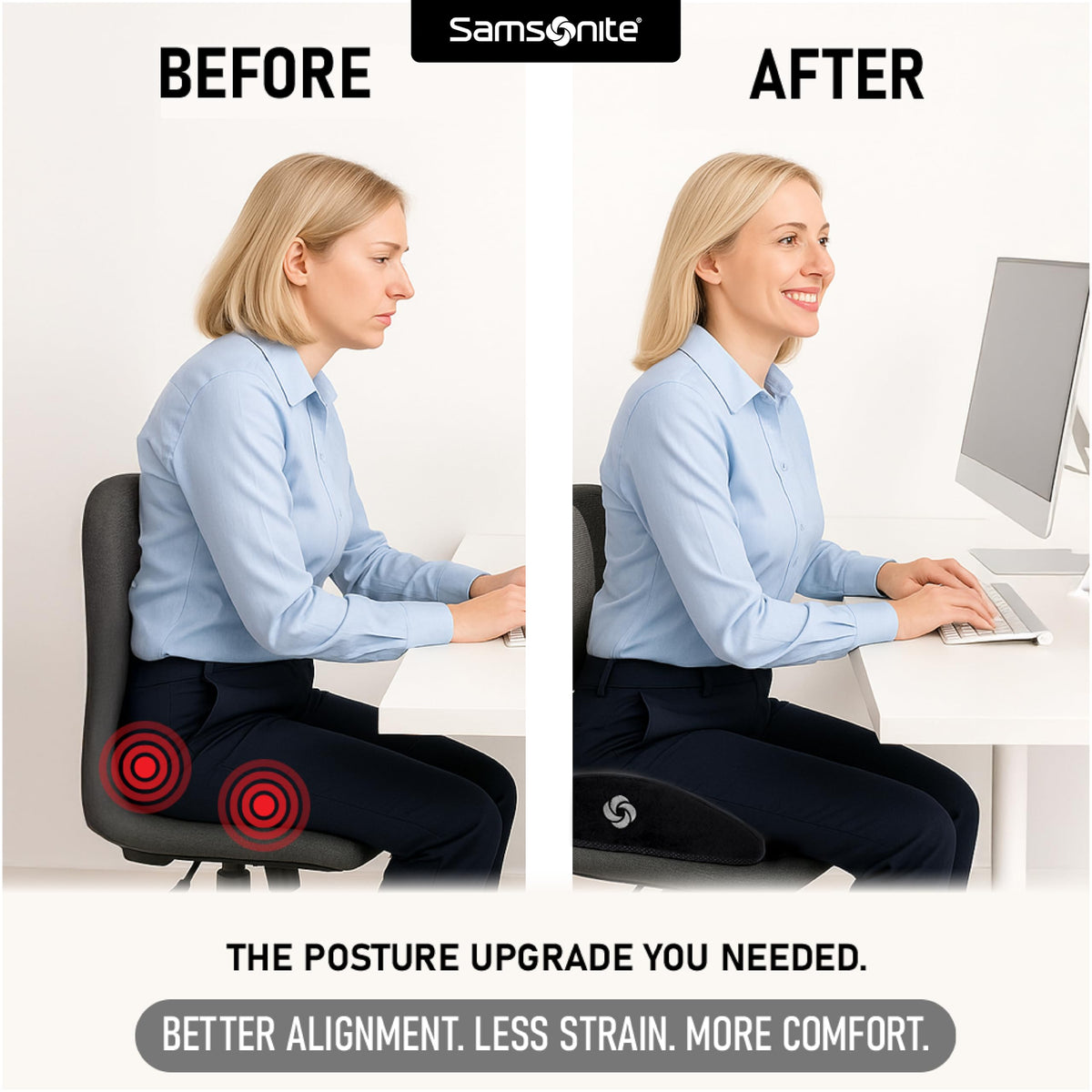 Samsonite non-slip rubber base detail ensures cushion stays put while driving