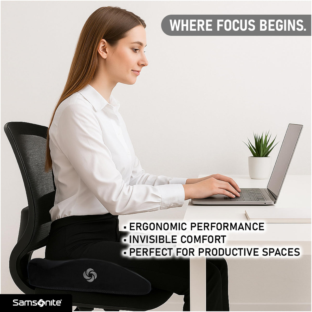 Samsonite cushion beside laptop to show compact portable size