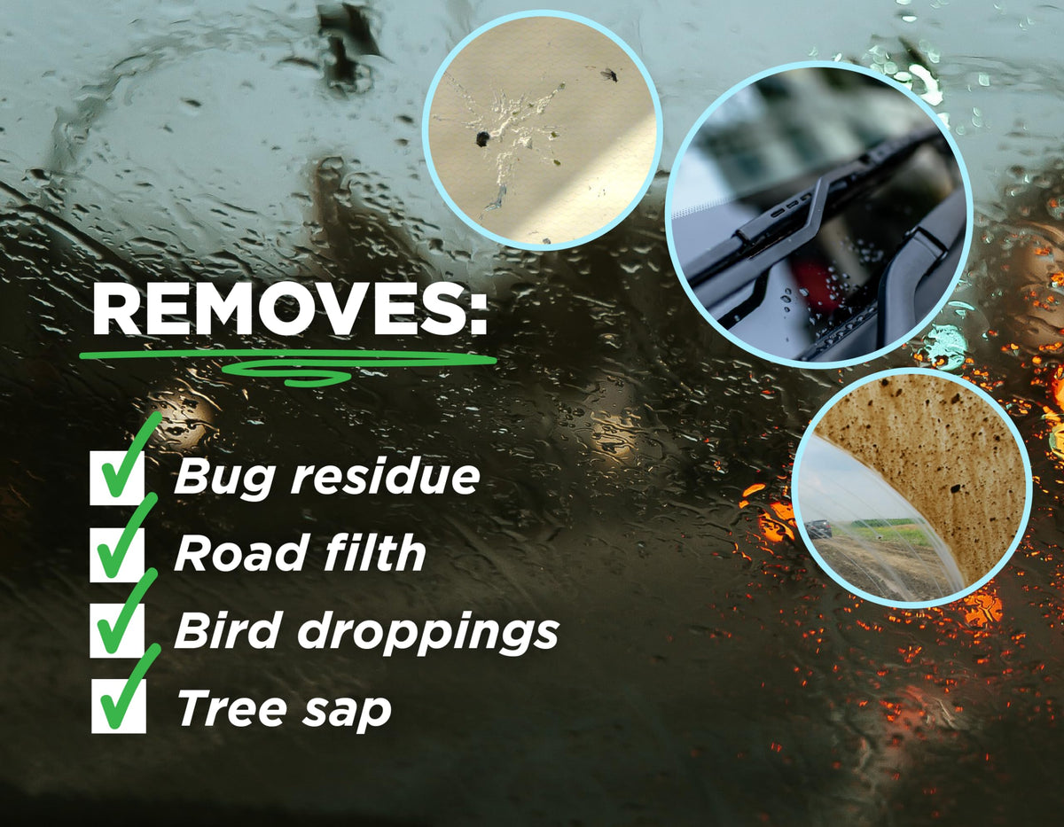 Sanco Industries being sprayed on vehicle windshield to remove bug residue