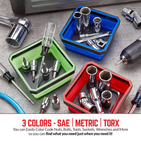 SANDOR trays color-coded with SAE, metric, Torx fasteners for fast sorting benefit