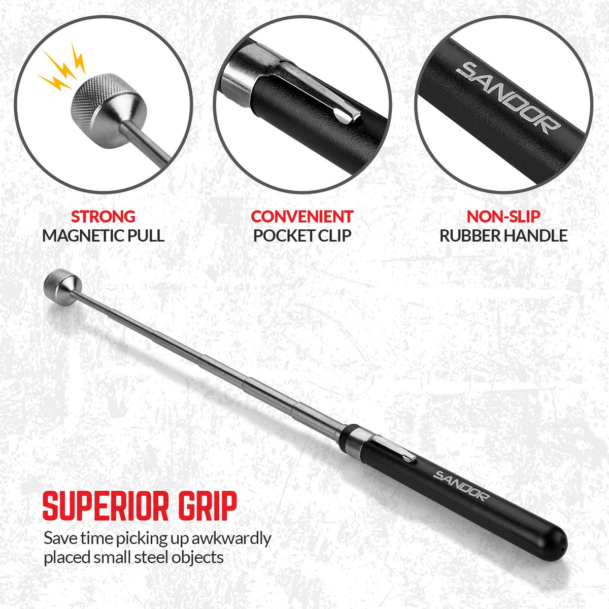 SANDOR extendable magnet pick-up fully extended reaching tight areas