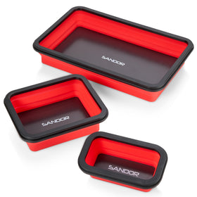 SANDOR front view of red 3-piece tray set showing organized parts and accessibility