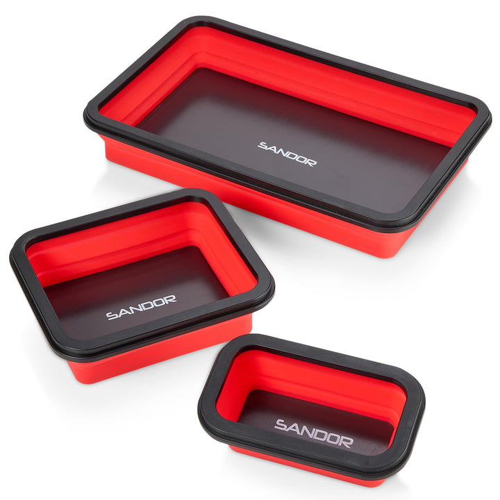 SANDOR front view of red 3-piece tray set showing organized parts and accessibility