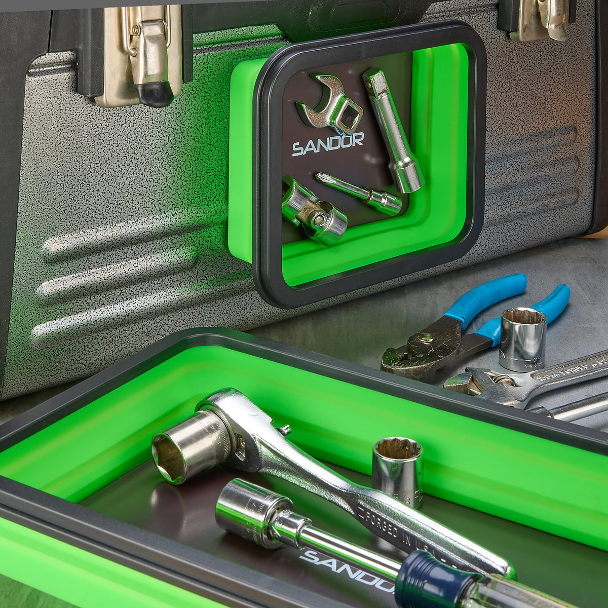 SANDOR trays in garage lifestyle scene improving workspace organization