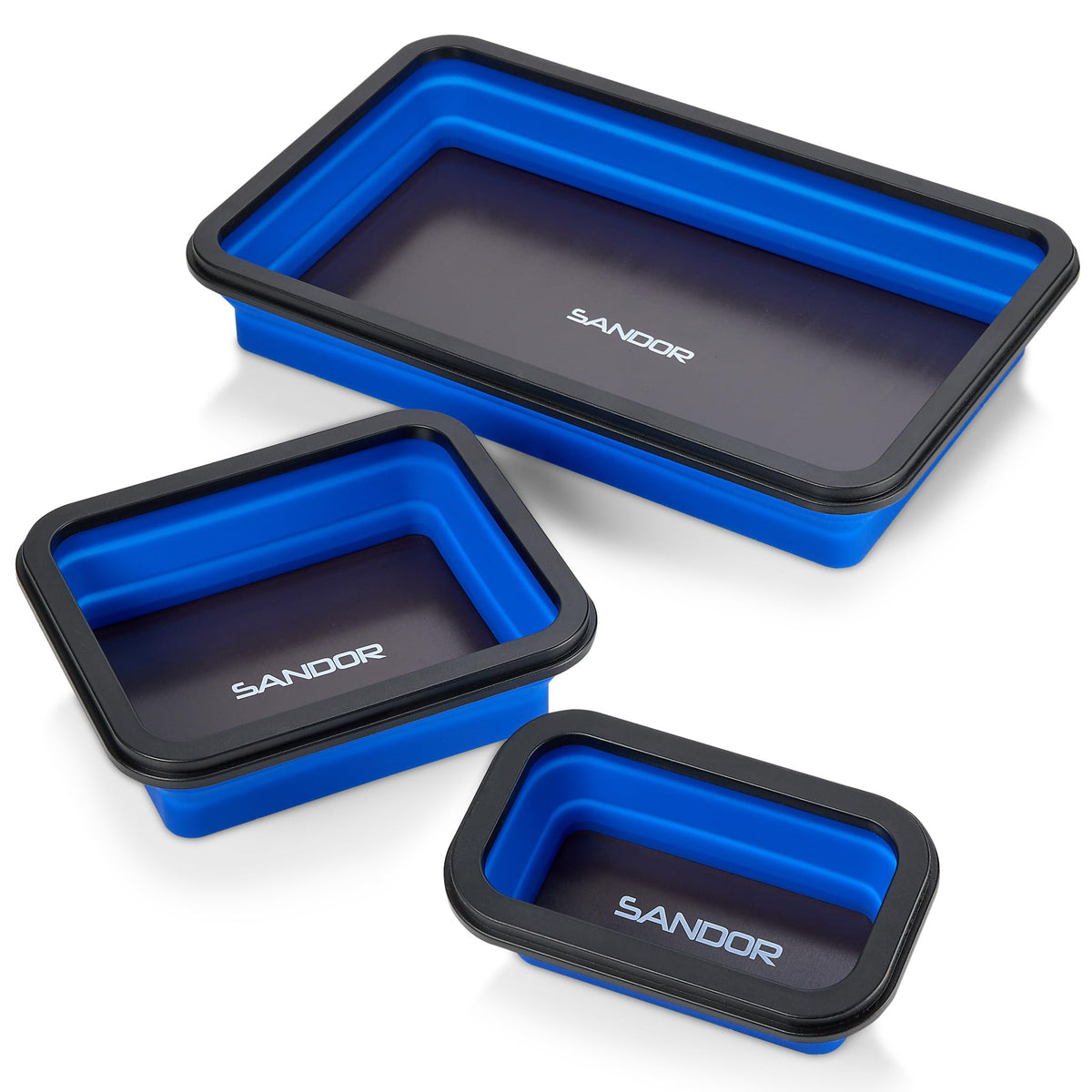 SANDOR front view of three blue trays showing sizes and compact storage benefit