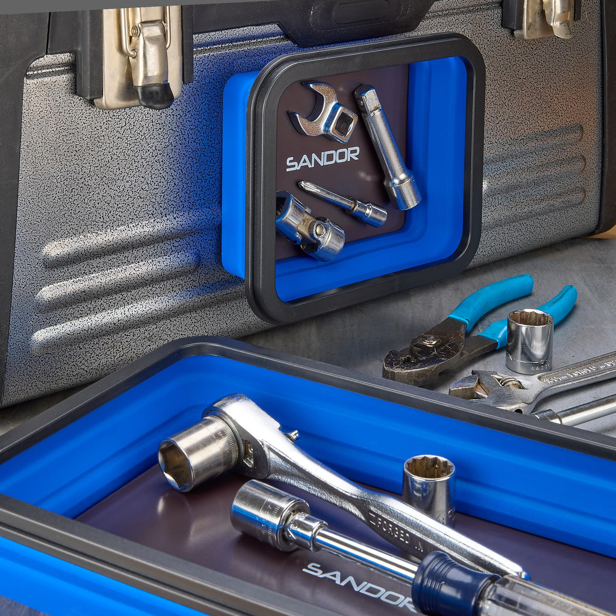 SANDOR trays in garage setting keeping repair fasteners organized and visible