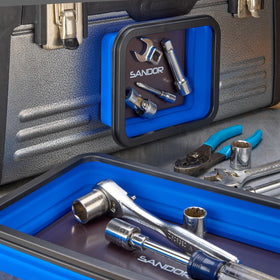 SANDOR trays in garage setting keeping repair fasteners organized and visible