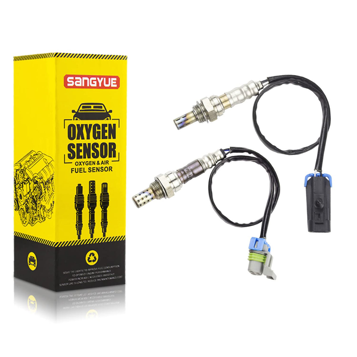 Sangyue front packaging showing the 2PCS O2 sensor kit and clear labeling benefit