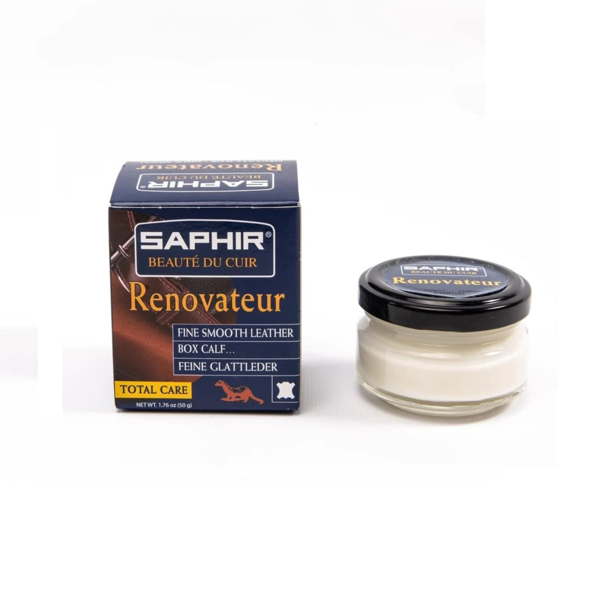 SAPHIR Renovateur chamois cleaning cloth with jar, ready for neat application benefit